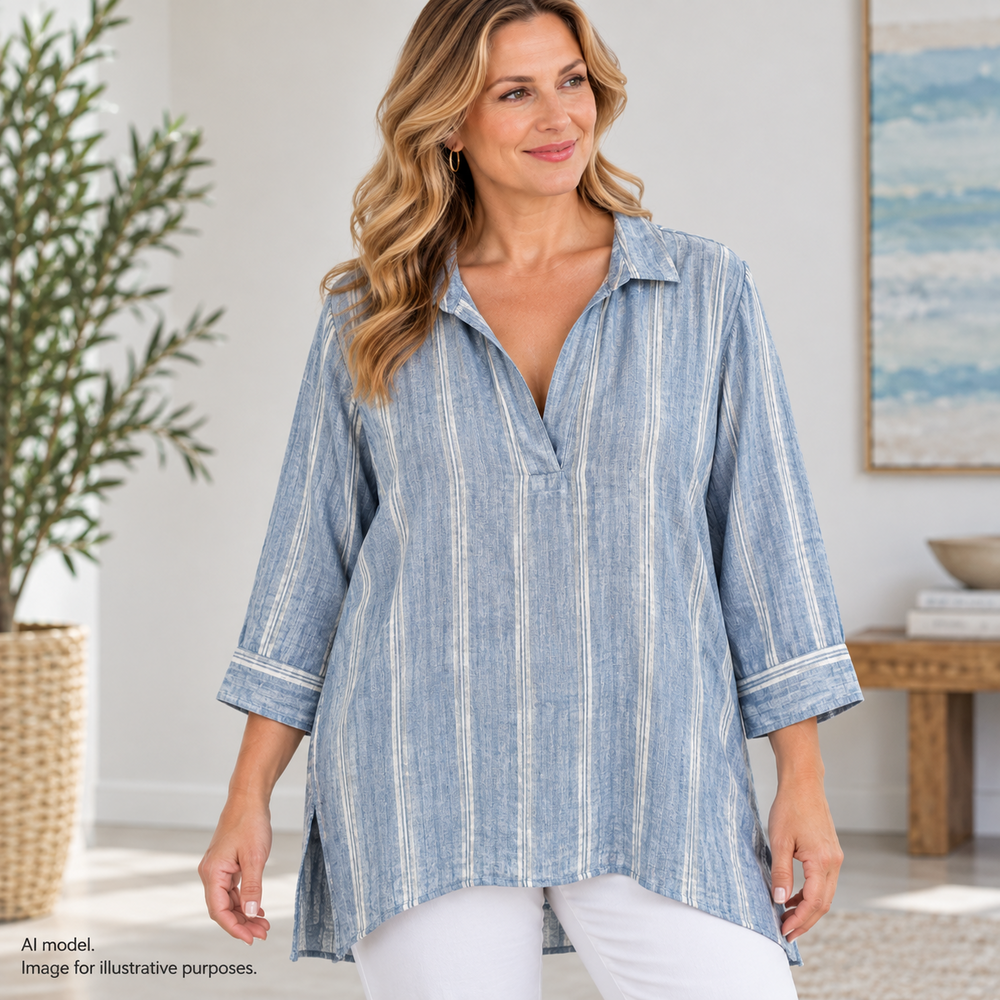 Tahari Shirt Women XL Blue Stripe Linen Lagenlook Coastal Granny Collared Tunic